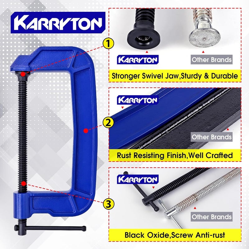 KARRYTON 6 inch C Clamps 4-Pack, 3-3/8"(86mm) Large Deep Throat, Ductile Iron C-Clamp w/ 2310LB Clamping Force, Unique Ergonomic Design for Welding, Woodworking, Metal and DIY Projects - Image 5